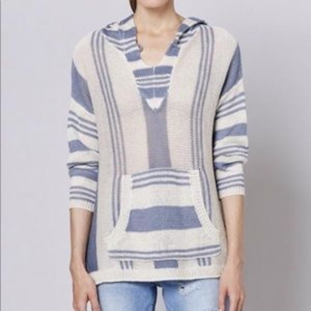 Womens 360 Sweater Blue-Gray Ivory Striped Hoodie Linen Gemma Baja Sweater XS *